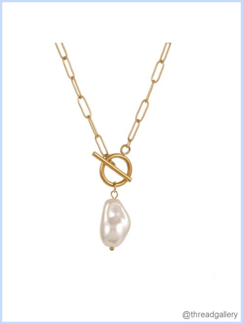 18K Gold Plated Toggle Clasp Necklace for Women, Paperclip Chain, Faux Pearl